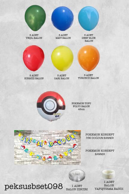 Pokemon Konsept Doğum Günü Balon Zinciri Seti 2 Bannerlı Doğum Günü Seti - 2