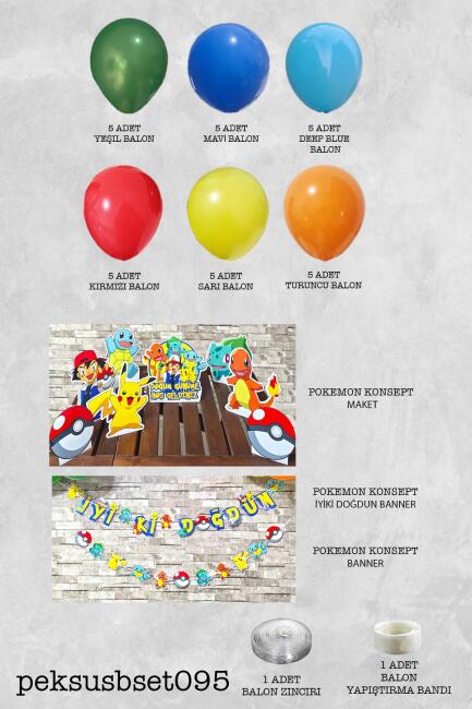 Pokemon Konsept Doğum Günü Balon Zinciri Seti Masa Üstü Pano ve Bannerlı Doğum Günü Süsleme Seti - 2