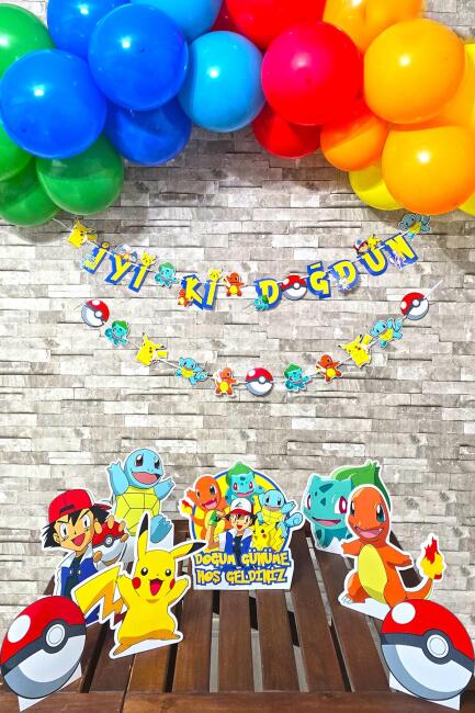 Pokemon Konsept Doğum Günü Balon Zinciri Seti Masa Üstü Pano ve Bannerlı Doğum Günü Süsleme Seti
