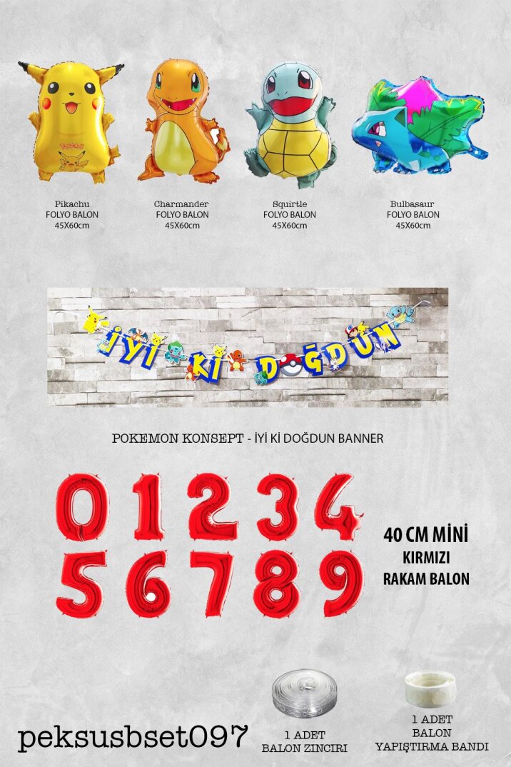 Pokemon Temalı Doğum Günü Parti Seti Pakemon Figürleri Balonlu Yaş Doğum Günü Rakam Balonlu Set - 2