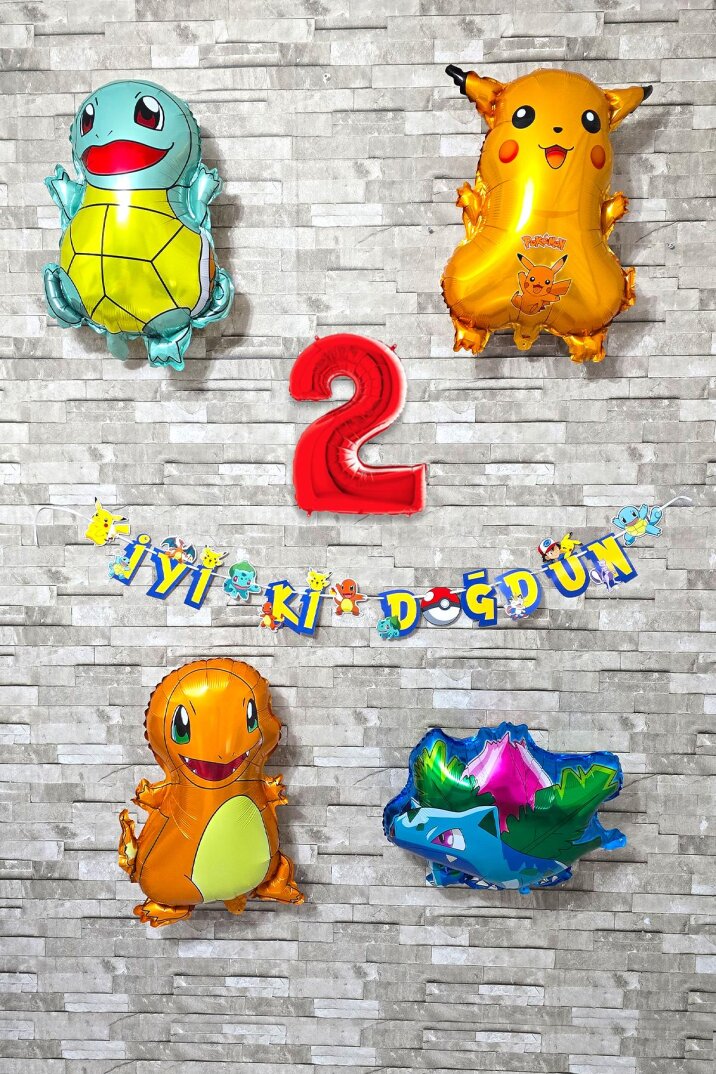 Pokemon Temalı Doğum Günü Parti Seti Pakemon Figürleri Balonlu Yaş Doğum Günü Rakam Balonlu Set - 3
