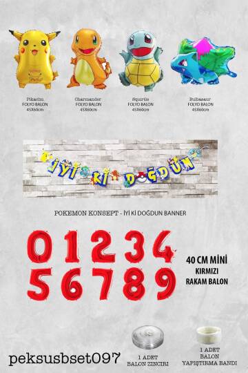 Pokemon Temalı Doğum Günü Parti Seti Pakemon Figürleri Balonlu Yaş Doğum Günü Rakam Balonlu Set - 2