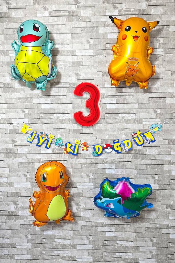 Pokemon Temalı Doğum Günü Parti Seti Pakemon Figürleri Balonlu Yaş Doğum Günü Rakam Balonlu Set - 4