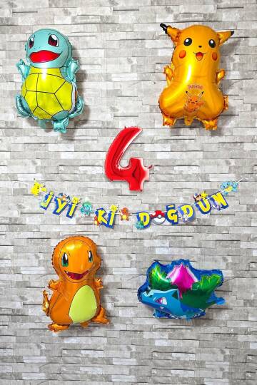 Pokemon Temalı Doğum Günü Parti Seti Pakemon Figürleri Balonlu Yaş Doğum Günü Rakam Balonlu Set - 5