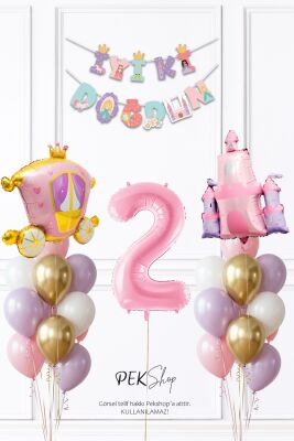 Prenses Konsept Doğum Günü Bannerlı Folyo Balonlu Balon Zinciri Seti - 5