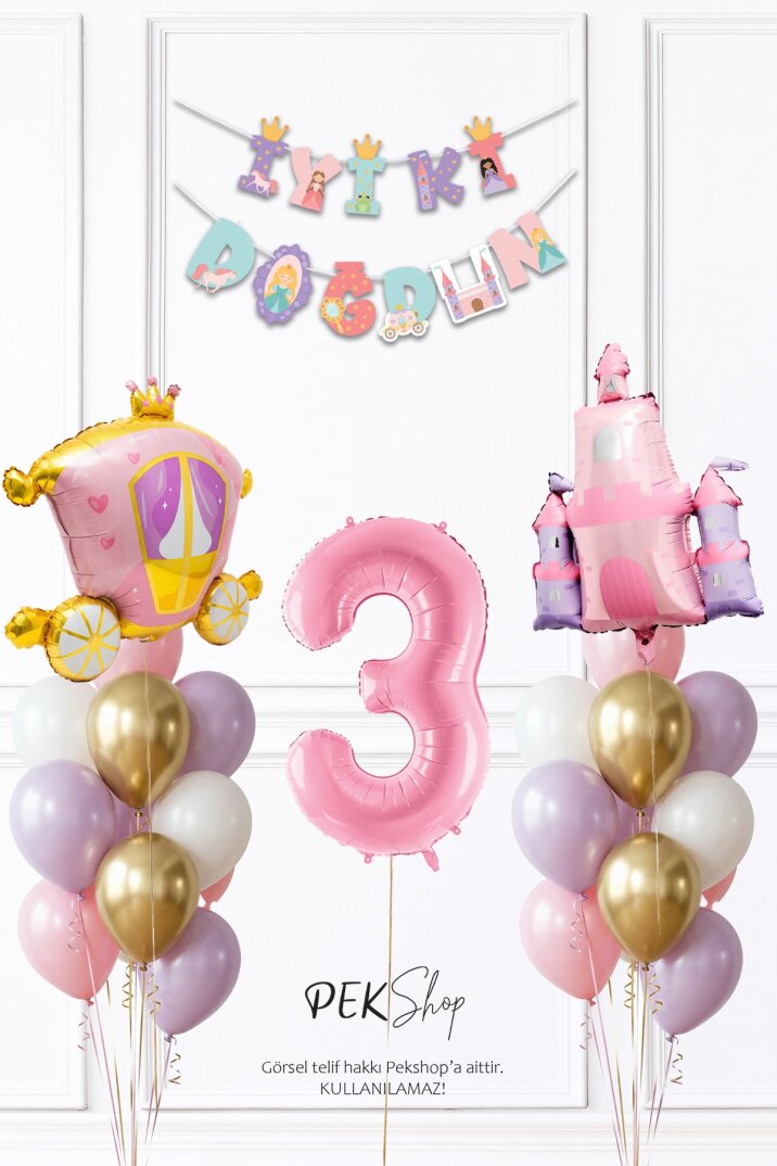 Prenses Konsept Doğum Günü Bannerlı Folyo Balonlu Balon Zinciri Seti - 6
