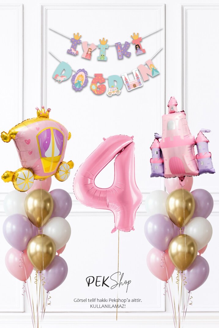 Prenses Konsept Doğum Günü Bannerlı Folyo Balonlu Balon Zinciri Seti - 7