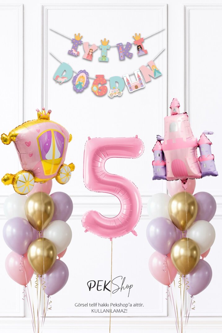 Prenses Konsept Doğum Günü Bannerlı Folyo Balonlu Balon Zinciri Seti - 8