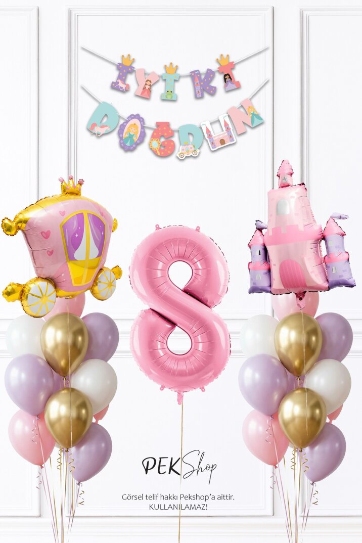 Prenses Konsept Doğum Günü Bannerlı Folyo Balonlu Balon Zinciri Seti - 11