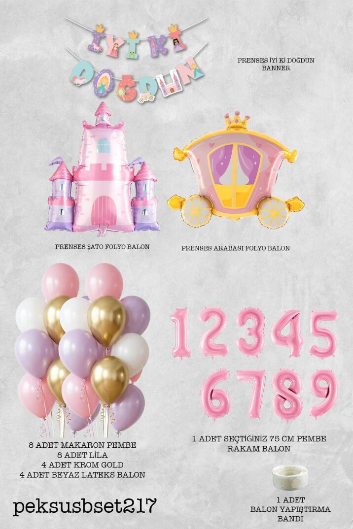 Prenses Konsept Doğum Günü Bannerlı Folyo Balonlu Balon Zinciri Seti - 2