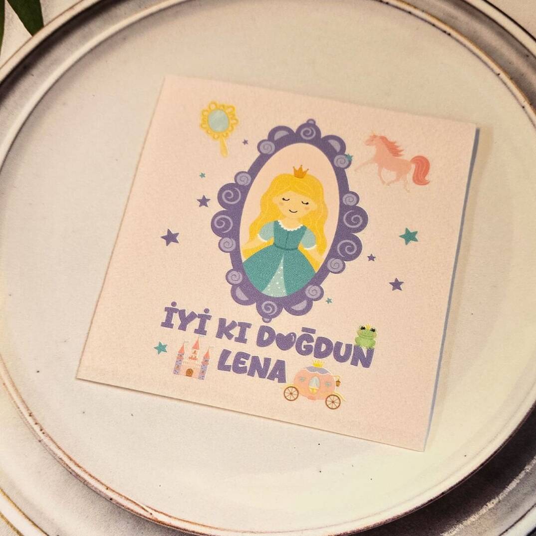 Prenses Konsept Dokulu Pembe İsme Özel Kare Peçete - 1
