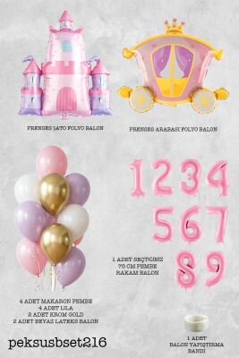 Prenses Tema Doğum Günü Balon Seti Gold Pembe Lila Balon Demetli - 2