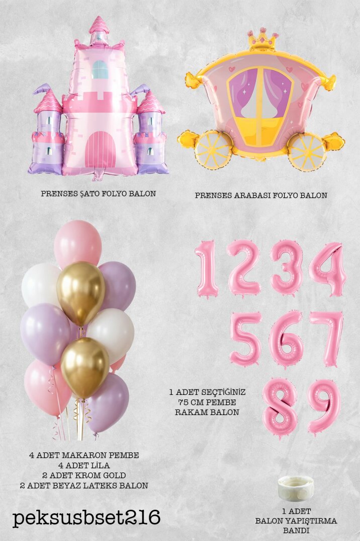 Prenses Tema Doğum Günü Balon Seti Gold Pembe Lila Balon Demetli - 2