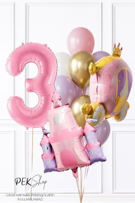 Prenses Tema Doğum Günü Balon Seti Gold Pembe Lila Balon Demetli - 6