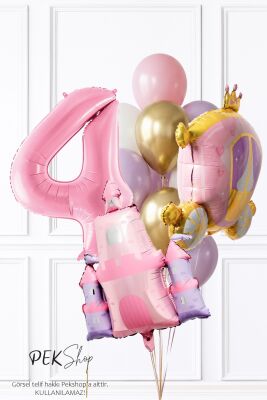 Prenses Tema Doğum Günü Balon Seti Gold Pembe Lila Balon Demetli - 7