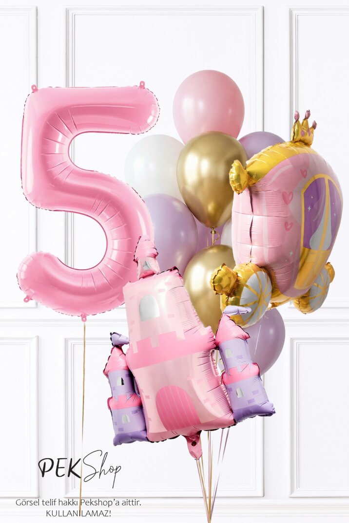 Prenses Tema Doğum Günü Balon Seti Gold Pembe Lila Balon Demetli - 8