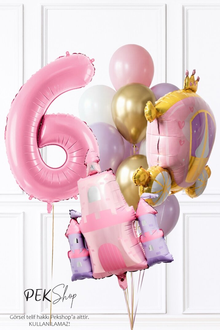 Prenses Tema Doğum Günü Balon Seti Gold Pembe Lila Balon Demetli - 9