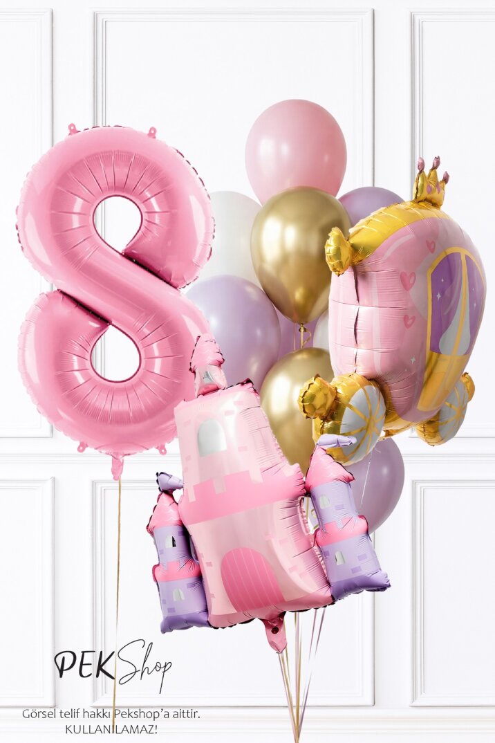 Prenses Tema Doğum Günü Balon Seti Gold Pembe Lila Balon Demetli - 11
