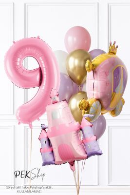 Prenses Tema Doğum Günü Balon Seti Gold Pembe Lila Balon Demetli - 12