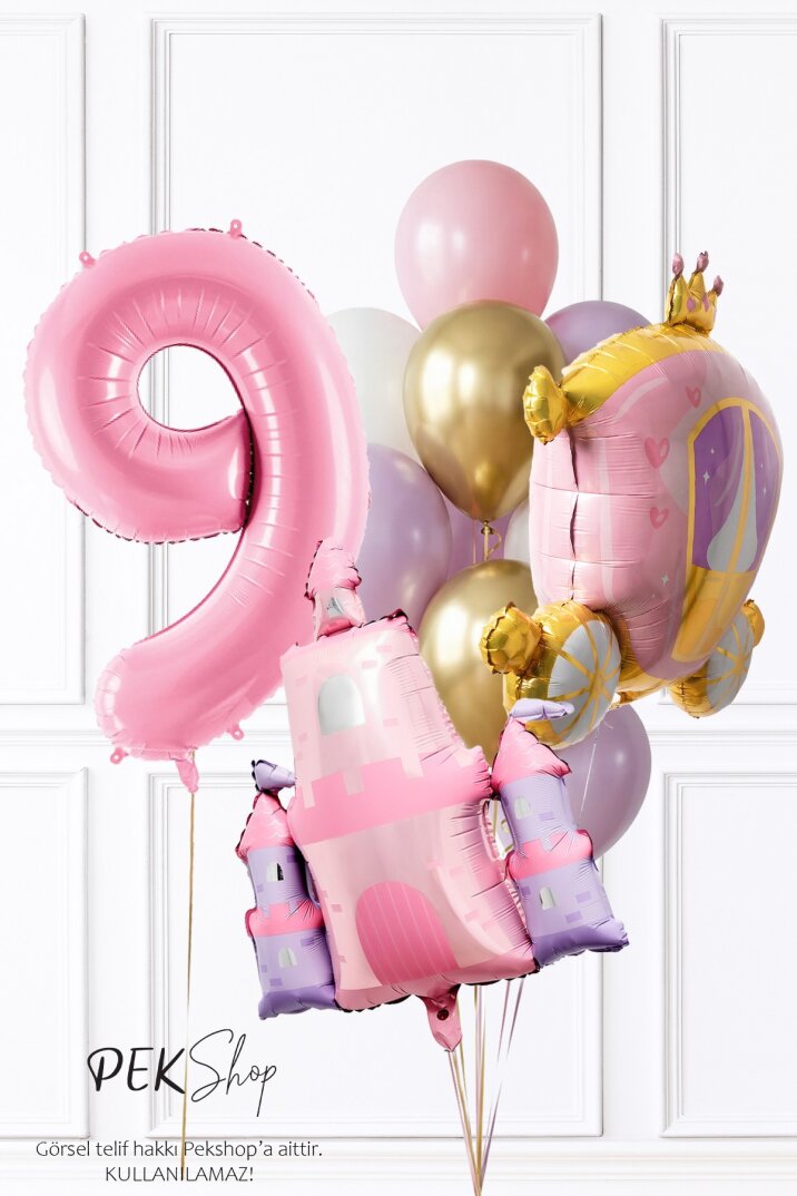 Prenses Tema Doğum Günü Balon Seti Gold Pembe Lila Balon Demetli - 12