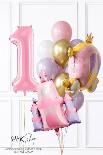 Prenses Tema Doğum Günü Balon Seti Gold Pembe Lila Balon Demetli - 1