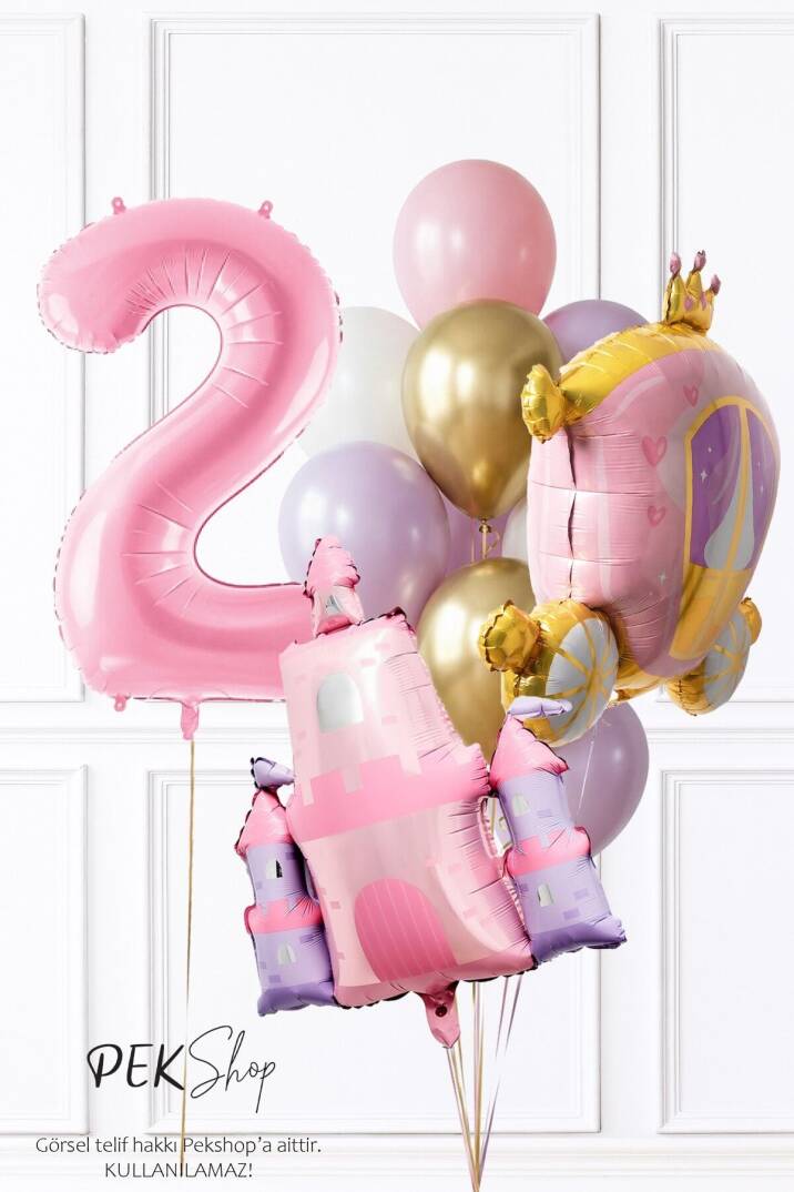 Prenses Tema Doğum Günü Balon Seti Gold Pembe Lila Balon Demetli - 5