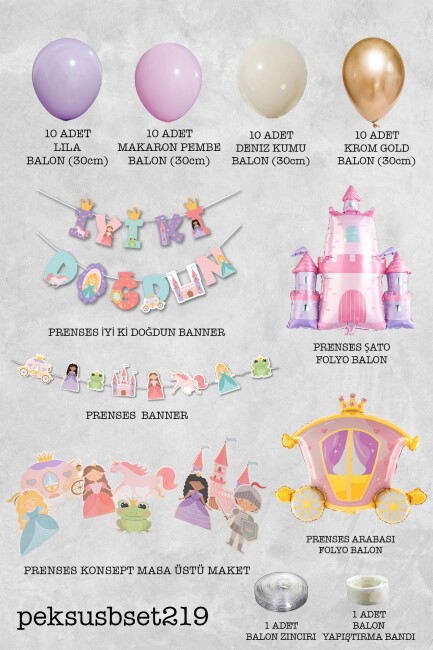 Prenses Tema Doğum Günü Lüks Set Balon Zinciri ve Masa Süsleri Seti - Set219 - 2