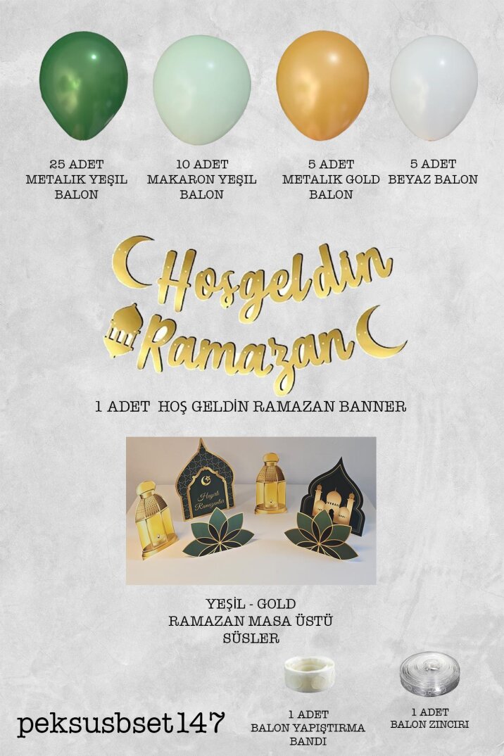 Ramazan Masa Süsleme Seti Ev Okul Ramazan Süslemeleri Gold Bannerlı Balonlu Yeşil Gold Maketli Paket - 2