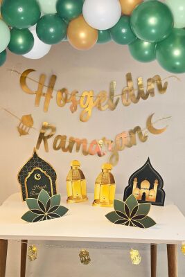 Ramazan Masa Süsleme Seti Ev Okul Ramazan Süslemeleri Gold Bannerlı Balonlu Yeşil Gold Maketli Paket - 3