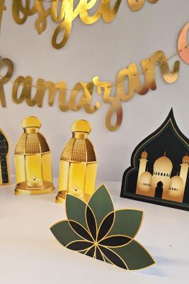 Ramazan Masa Süsleme Seti Ev Okul Ramazan Süslemeleri Gold Bannerlı Balonlu Yeşil Gold Maketli Paket - 4