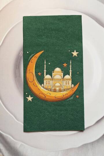 Ramazan Peçetesi Dini Motif Baskılı Yeşil Peçete Ramazan Sofra Peçetesi 12li Paket - 1