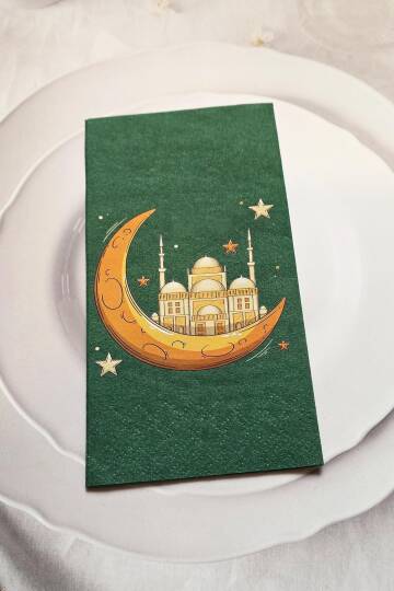 Ramazan Peçetesi Dini Motif Baskılı Yeşil Peçete Ramazan Sofra Peçetesi 12li Paket - 2