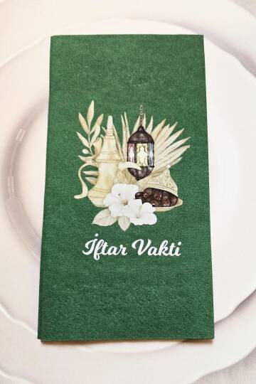 Ramazan Peçetesi Dini Motif İftar Vakti Baskılı Yeşil Peçete Ramazan Sofra Peçetesi 12li Paket - 1