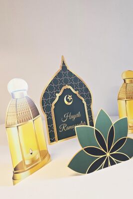 Ramazan Süslemeleri Masa Üzeri Ayaklı Pano Seti Yeşil Gold Hayırlı Ramazanlar Ramazan Sofrası Süsleri - 2
