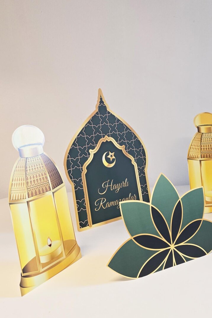 Ramazan Süslemeleri Masa Üzeri Ayaklı Pano Seti Yeşil Gold Hayırlı Ramazanlar Ramazan Sofrası Süsleri - 2