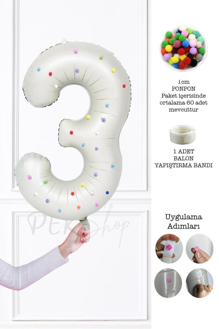 Rengarenk Ponpon Süslemeli Retro Krem Yaş Balonu 80cm - 5
