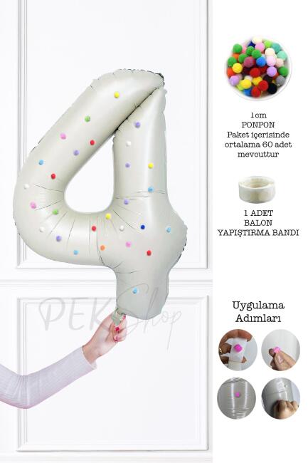 Rengarenk Ponpon Süslemeli Retro Krem Yaş Balonu 80cm - 7