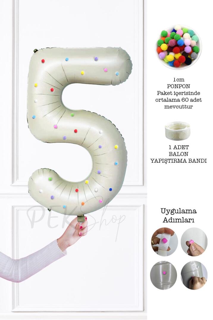Rengarenk Ponpon Süslemeli Retro Krem Yaş Balonu 80cm - 9
