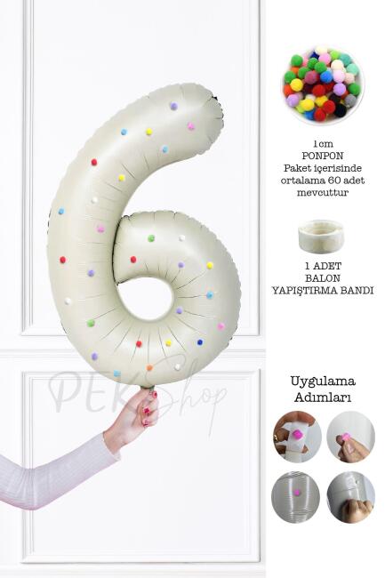 Rengarenk Ponpon Süslemeli Retro Krem Yaş Balonu 80cm - 11
