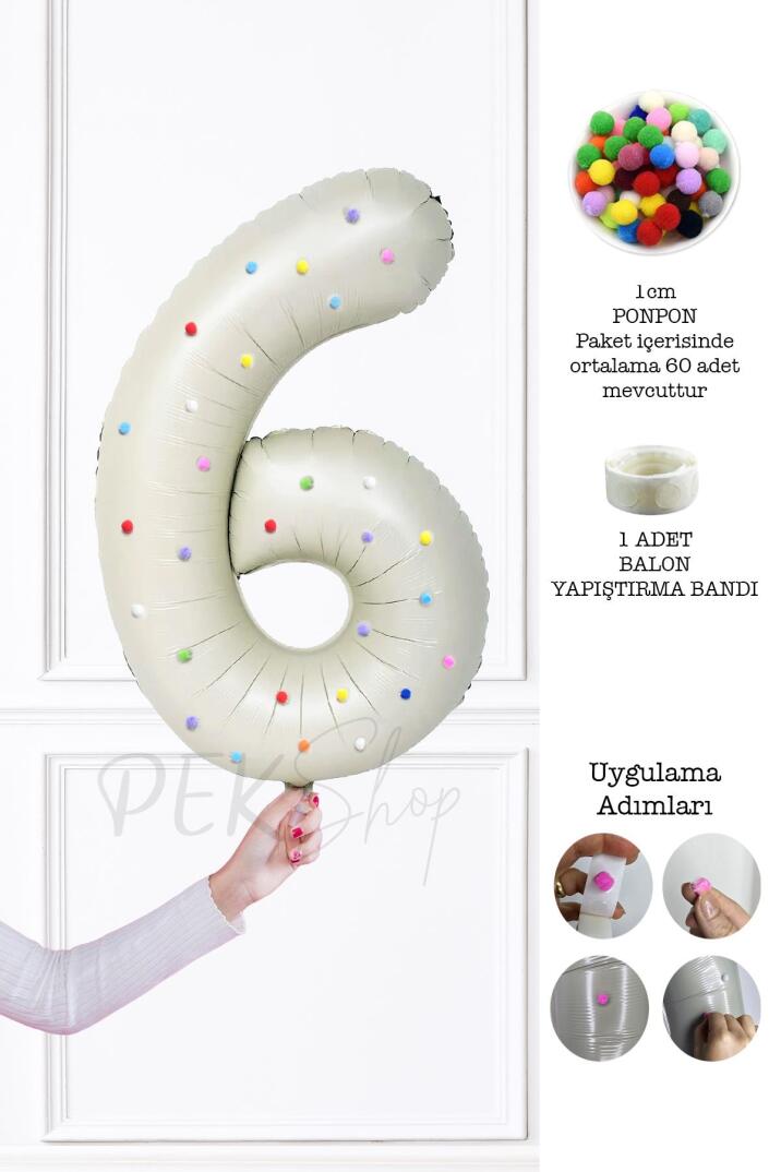 Rengarenk Ponpon Süslemeli Retro Krem Yaş Balonu 80cm - 11
