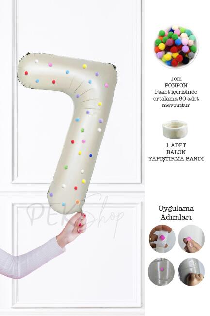 Rengarenk Ponpon Süslemeli Retro Krem Yaş Balonu 80cm - 13