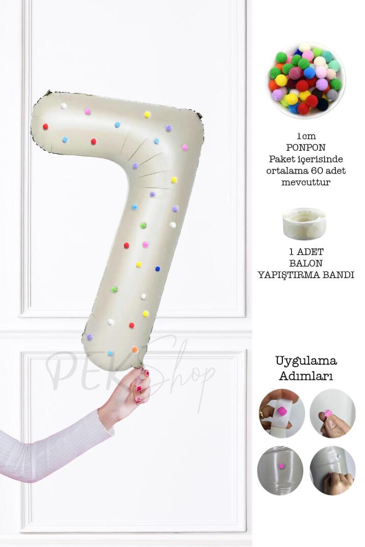 Rengarenk Ponpon Süslemeli Retro Krem Yaş Balonu 80cm - 13