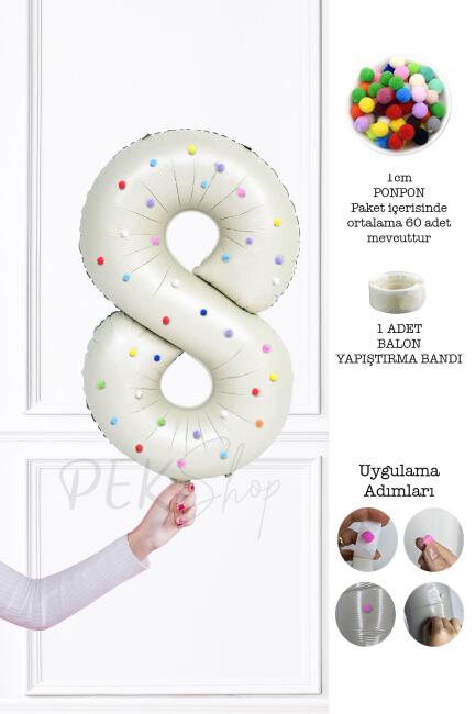 Rengarenk Ponpon Süslemeli Retro Krem Yaş Balonu 80cm - 15