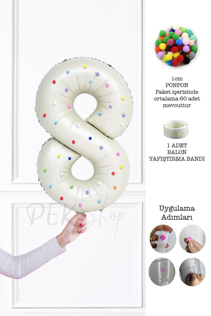 Rengarenk Ponpon Süslemeli Retro Krem Yaş Balonu 80cm - 15