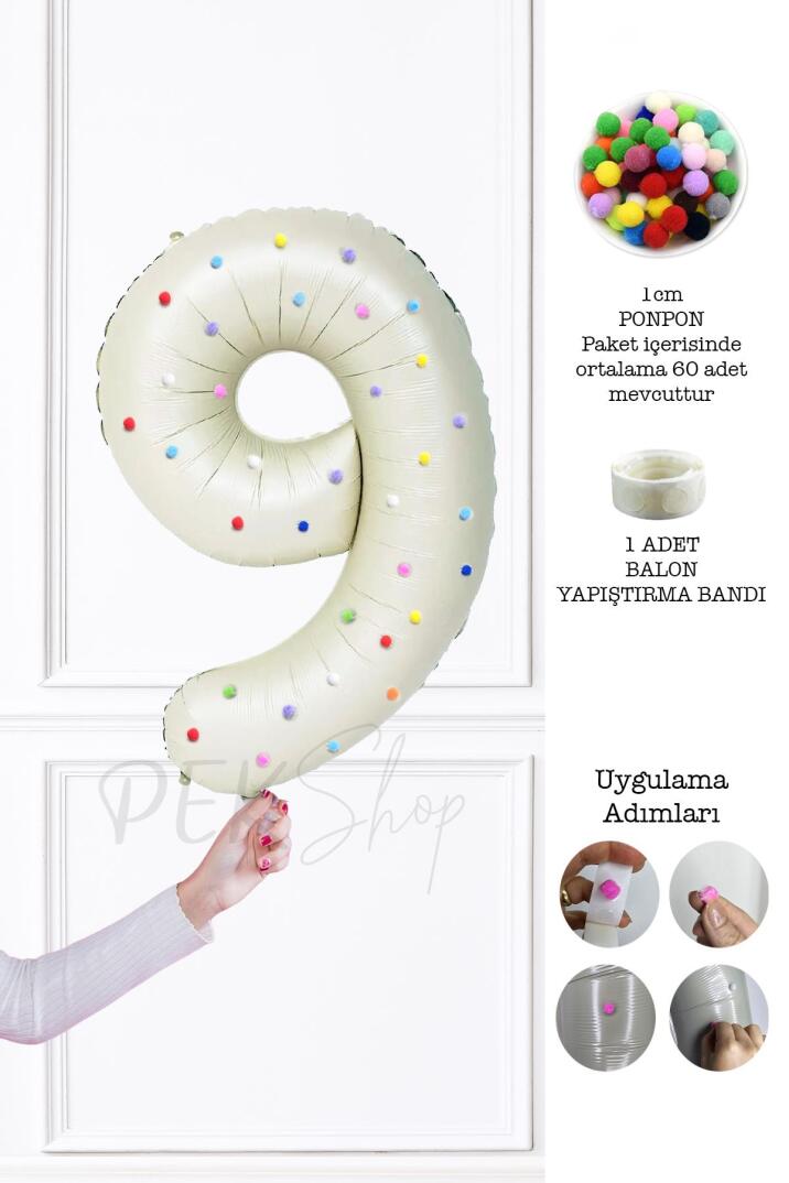 Rengarenk Ponpon Süslemeli Retro Krem Yaş Balonu 80cm - 17