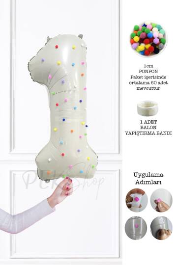 Rengarenk Ponpon Süslemeli Retro Krem Yaş Balonu 80cm - 1