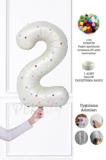 Rengarenk Ponpon Süslemeli Retro Krem Yaş Balonu 80cm - 3