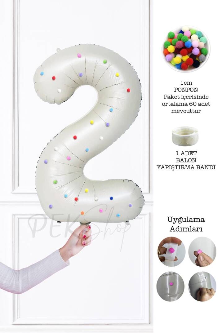Rengarenk Ponpon Süslemeli Retro Krem Yaş Balonu 80cm - 3