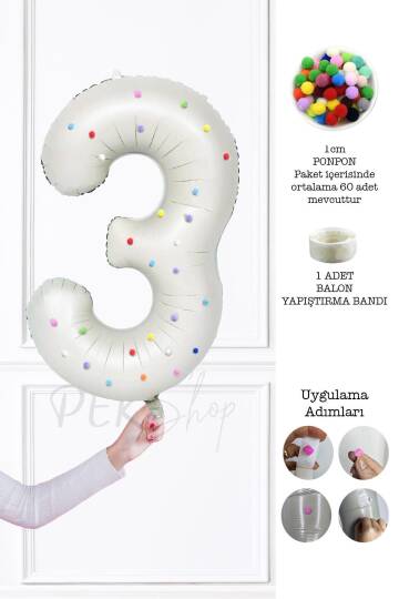 Rengarenk Ponpon Süslemeli Retro Krem Yaş Balonu 80cm - 4