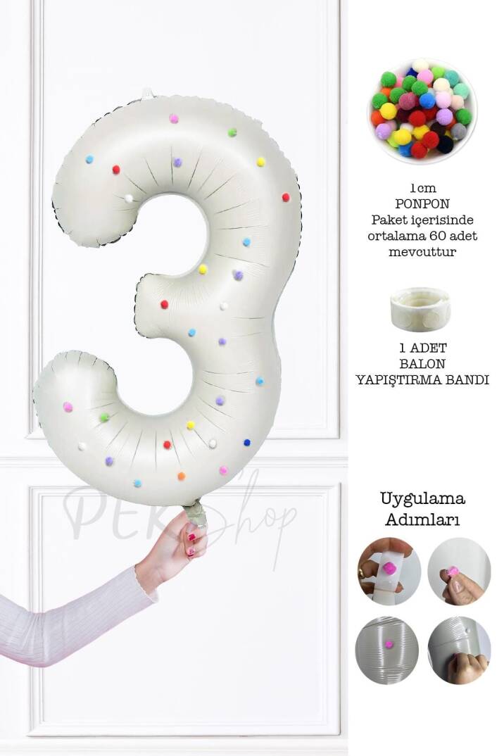 Rengarenk Ponpon Süslemeli Retro Krem Yaş Balonu 80cm - 4